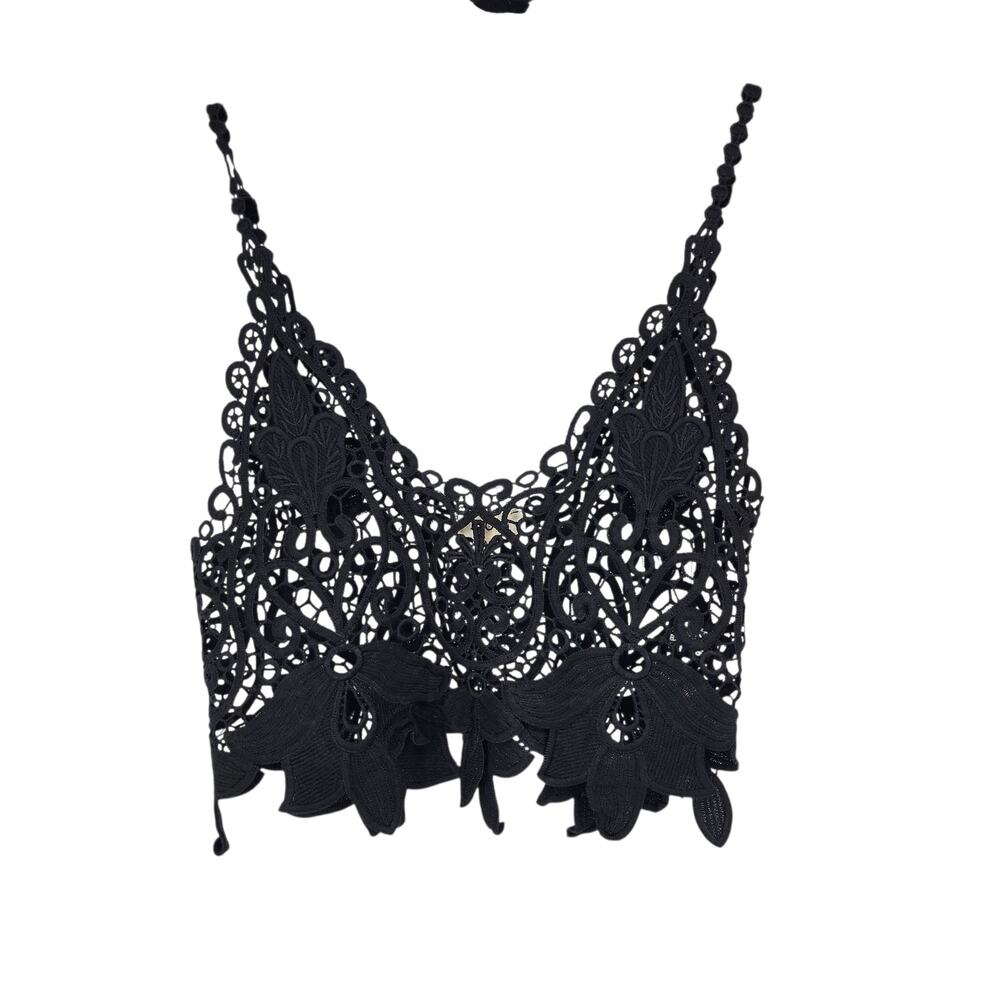 POL Black Floral Crochet Lace See Through Layering Bralette Crop Top One Size